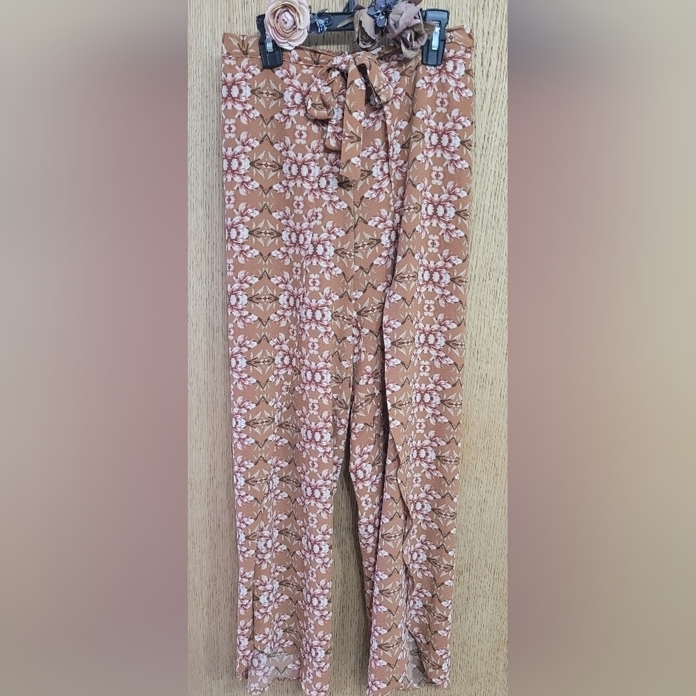 Mimi Chica Terracotta Pink Floral Boho Flowy Slit Pants